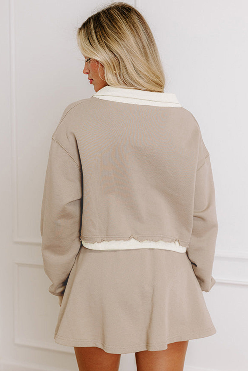 Parchment Raw Edge Detail Patchwork Cropped Pullover Drawstring Skirt Set Two Piece Skirt Sets da218478364930d8