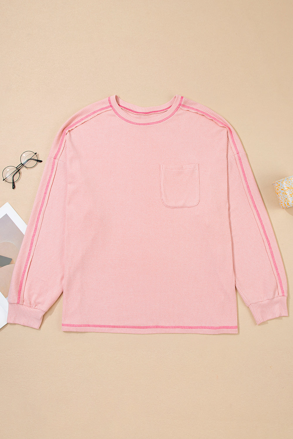 Bonbon Ribbed Exposed Seam Chest Pocket Plus Size Long Sleeve Top Plus Size Tops da2d1f1149091e3f