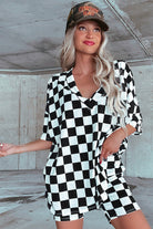 Black Checkered Print V Neck Pocketed Pajama Set Loungewear Set da3070c5557a5418