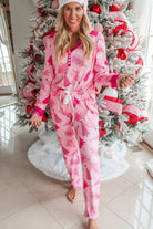 Pink Christmas Tree Print V Neck Buttoned Pullover and Pants Pajama Set Loungewear Set da4aa32542ca0ade