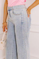 Beau Blue Mid Rise Pearl Embellished Split Wide Leg Jeans Jeans da4f759461d4872f