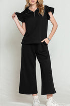 Black Textured Ruffle Cap Sleeve Top and Wide Leg Pants Set Two Piece Pants Sets da76dcea3f8528ea