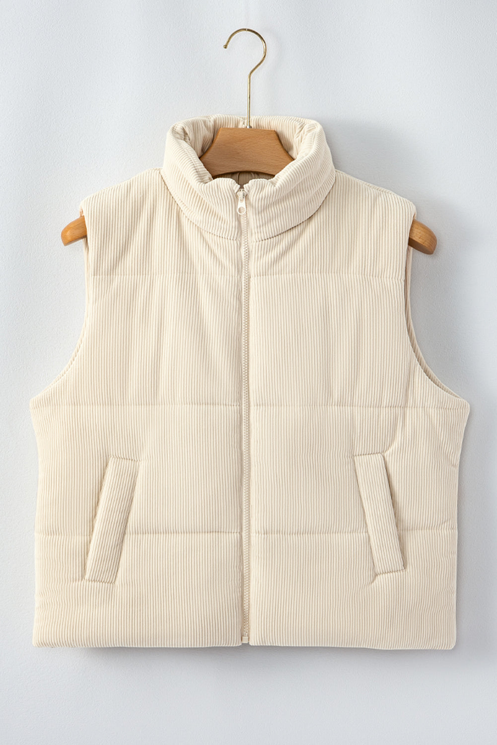 Beige Corduroy Stand Neck Zipped Puffer Vest Vests da9990f3e3ef1ad1