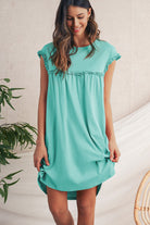 Mint Green Frilled Trim Crewneck Loose Fit Mini Dress Short Dresses daa772ea4d744bef