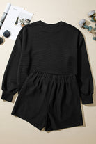 Black Ribbed Texture Baggy Drop Shoulder Pullover and Shorts Set Two Piece Shorts Sets dab0b8ec299f1a1a