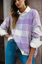 Lilac Plaid Print Ribbed Trim Loose Sweater Sweaters dab547497ed34a3c