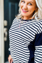 Blue Stripe Contrast Stitched Detail Color Block Patchwork Plus Size Sweatshirt Plus Size Tops daebff4ae1ee01e0