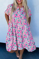 Pink Plus Size Floral Half Button Puff Sleeve A Line Dress Plus Size Dresses db2418c3f183889e