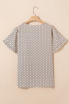 Khaki Geometric Print Frill Tulip Sleeve Plus Size Blouse Plus Size Tops db2d60d09ec7b924