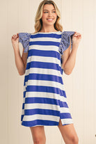 Sky Blue Stripe Ruffle Sleeve T Shirt Dress Short Dresses db628af79521a363