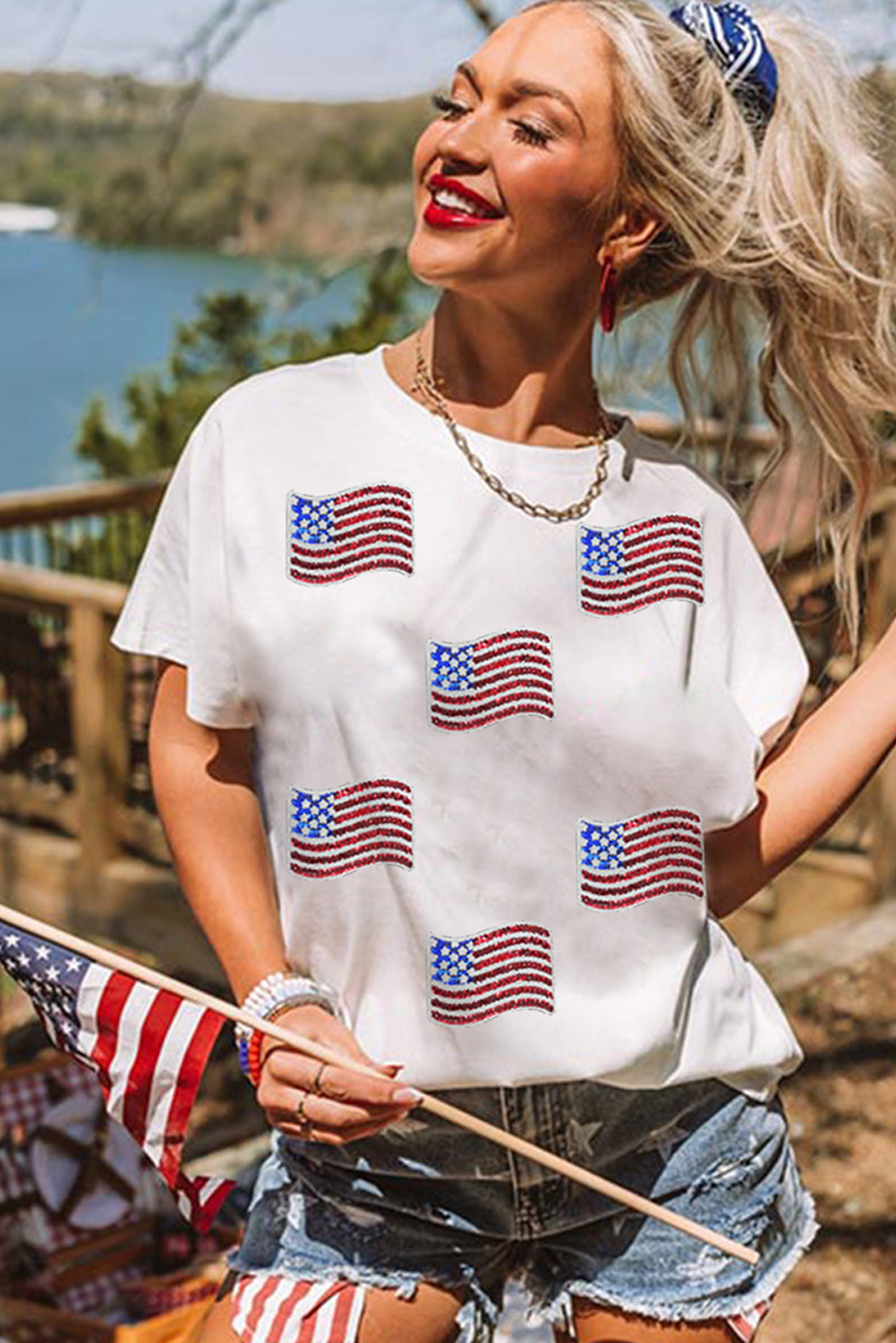 White Sequin American Flag Patched Casual T Shirt Graphic Tees db8f9793debccb75