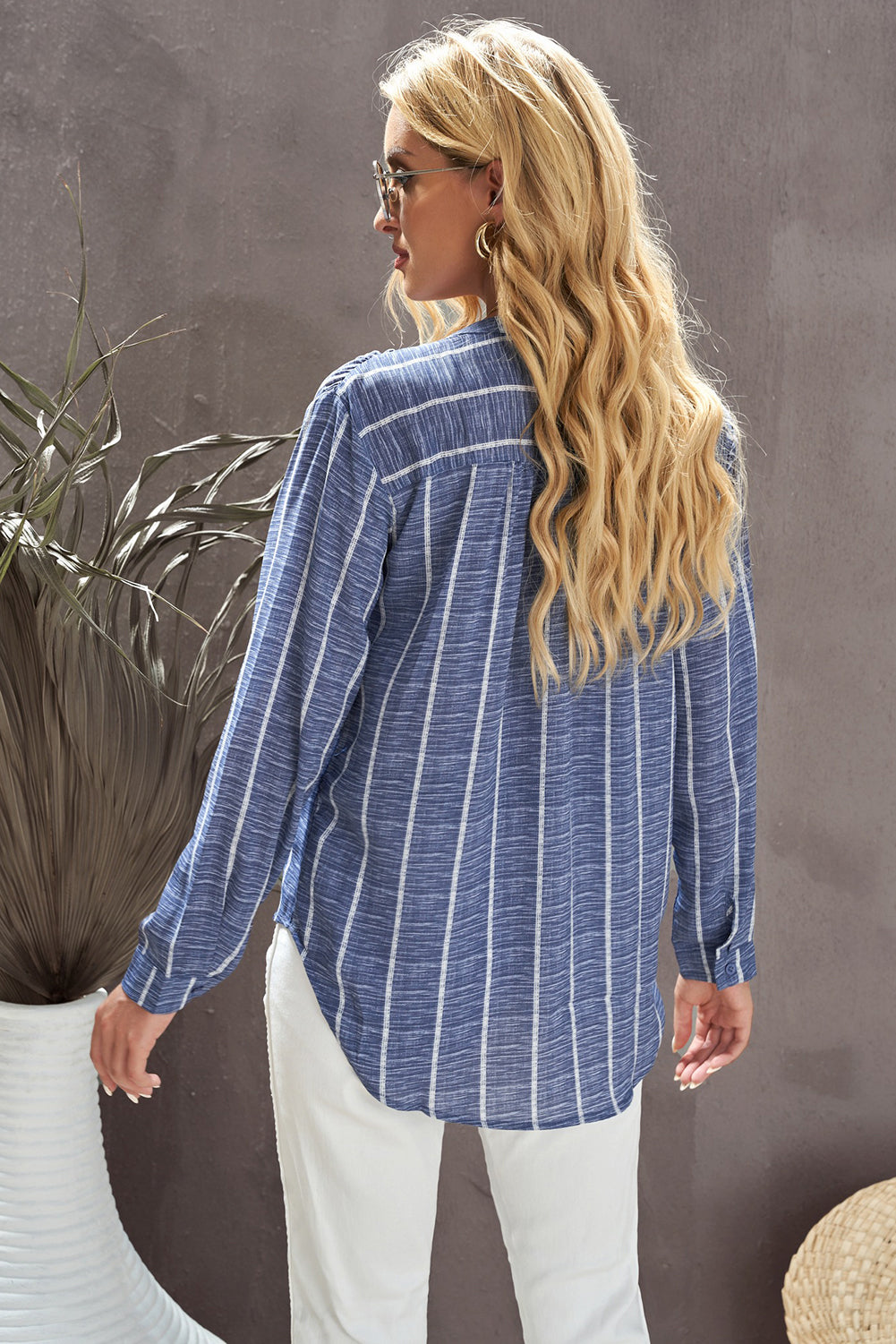 Blue Striped Print V Neck Half Buttons Loose Blouse Blouses & Shirts db9d77d23c70700a