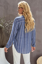 Blue Striped Print V Neck Half Buttons Loose Blouse Blouses & Shirts db9d77d23c70700a