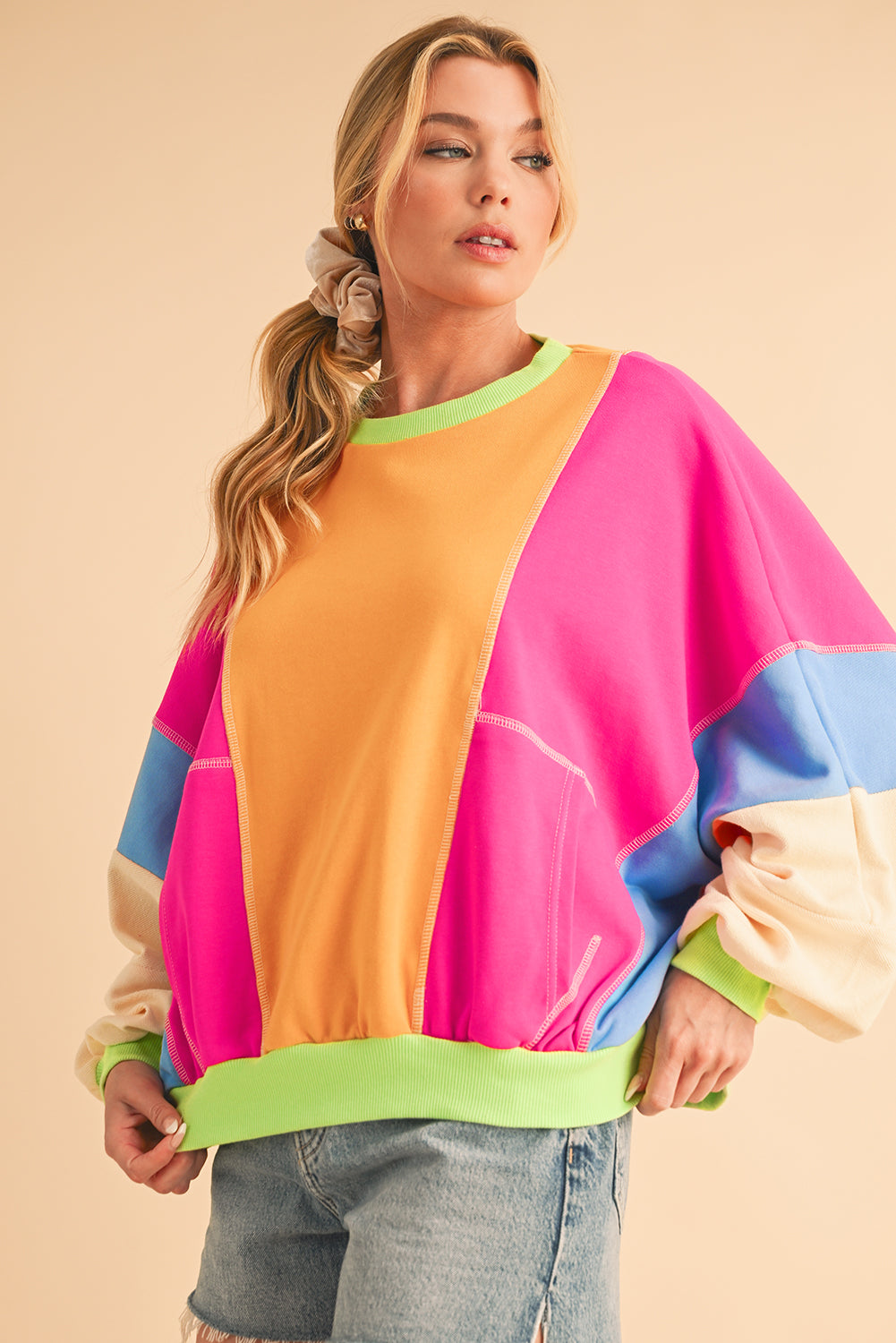 Orchid Petal Colorblock Patchwork Drop Shoulder Top Long Sleeve Tops dba0e7121e38219e