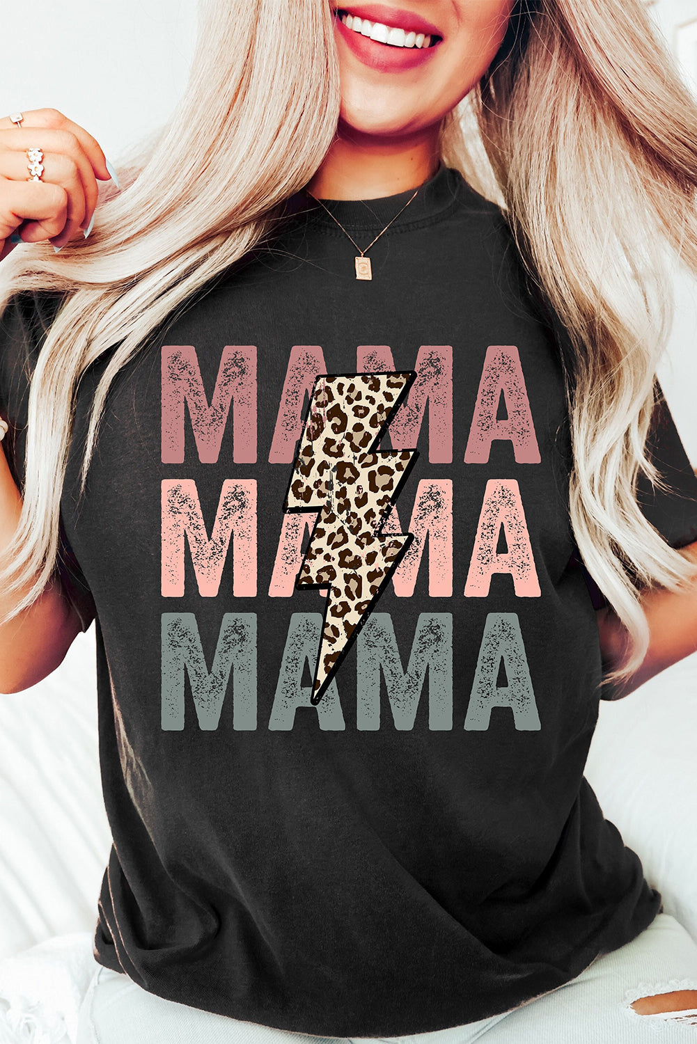 Black Leopard Lightning MAMA Letter Print Graphic Tee Graphic Tees dbba190dabc04613