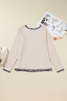 Parchment Ribbed Contrast Leopard Edge Round Neck Plus Size Top Plus Size Tops dbbebf13d568d263