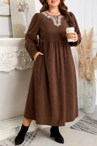 Coffee Embroidered Notched Neckline Textured Pleated High Waist Plus Size Midi Dress Plus Size Midi Dresses dbd6778072315ca3