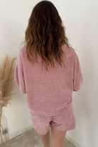 Fushia Textured Knit Drop Shoulder Pullover Drawstring Shorts Set Two Piece Shorts Sets dbdee6a1527e80bf