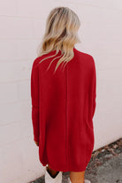 Fiery Red Ribbed High Neck Front Pockets Center Seam Sweater Dress Sweater Dresses dbe21315a3838e76