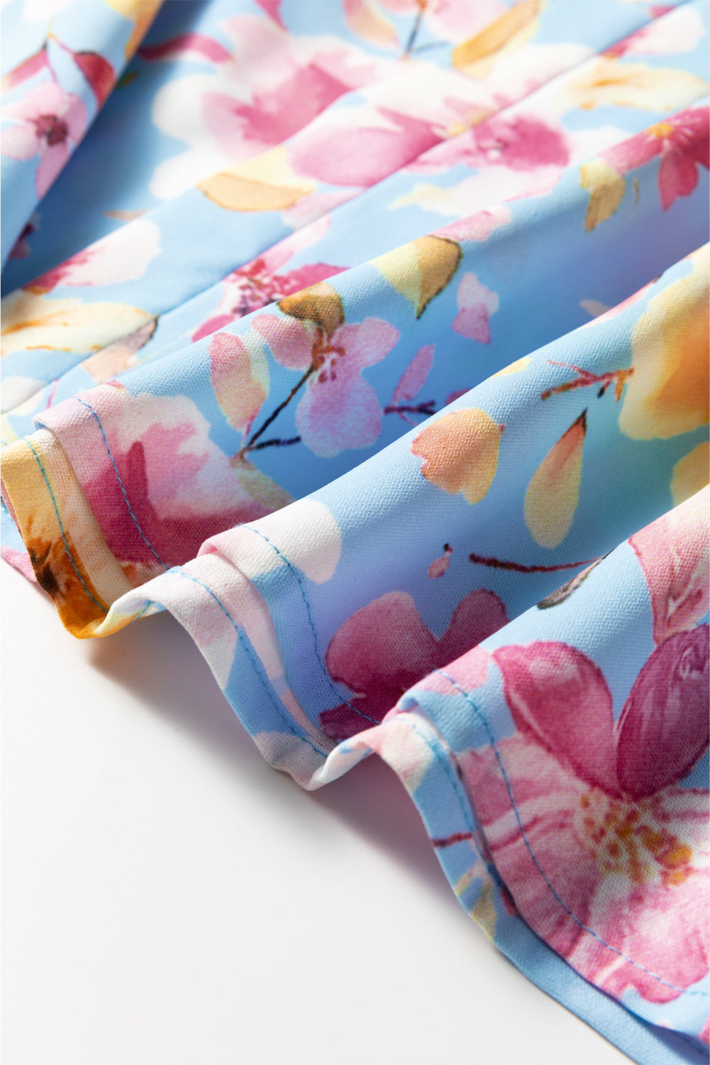 Sky Blue Floral Smocked Cuff Flounce Sleeve V Neck Blouse Blouses dbf8753815fb3b2b