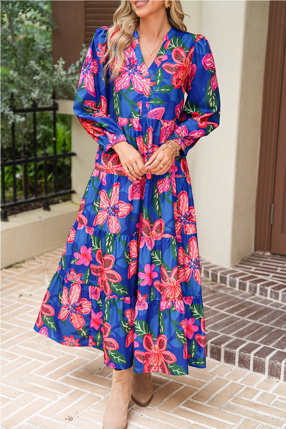 Blue Bohemian Floral Print Three Quarter Sleeve Tiered Maxi Dress Maxi Dresses dc079d693eec1de1