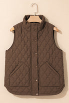Dark Brown Flower Shape Quilted Snap Button Zip Up Winter Vest Coats dc191f0a0e9614b2