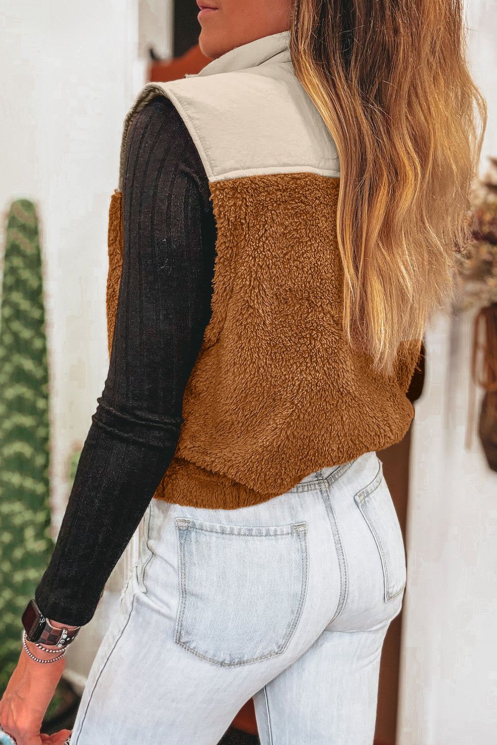 Chestnut Plush Patchwork Zipper Stand Neck Vest Outerwear dc1d76a5f13a823f