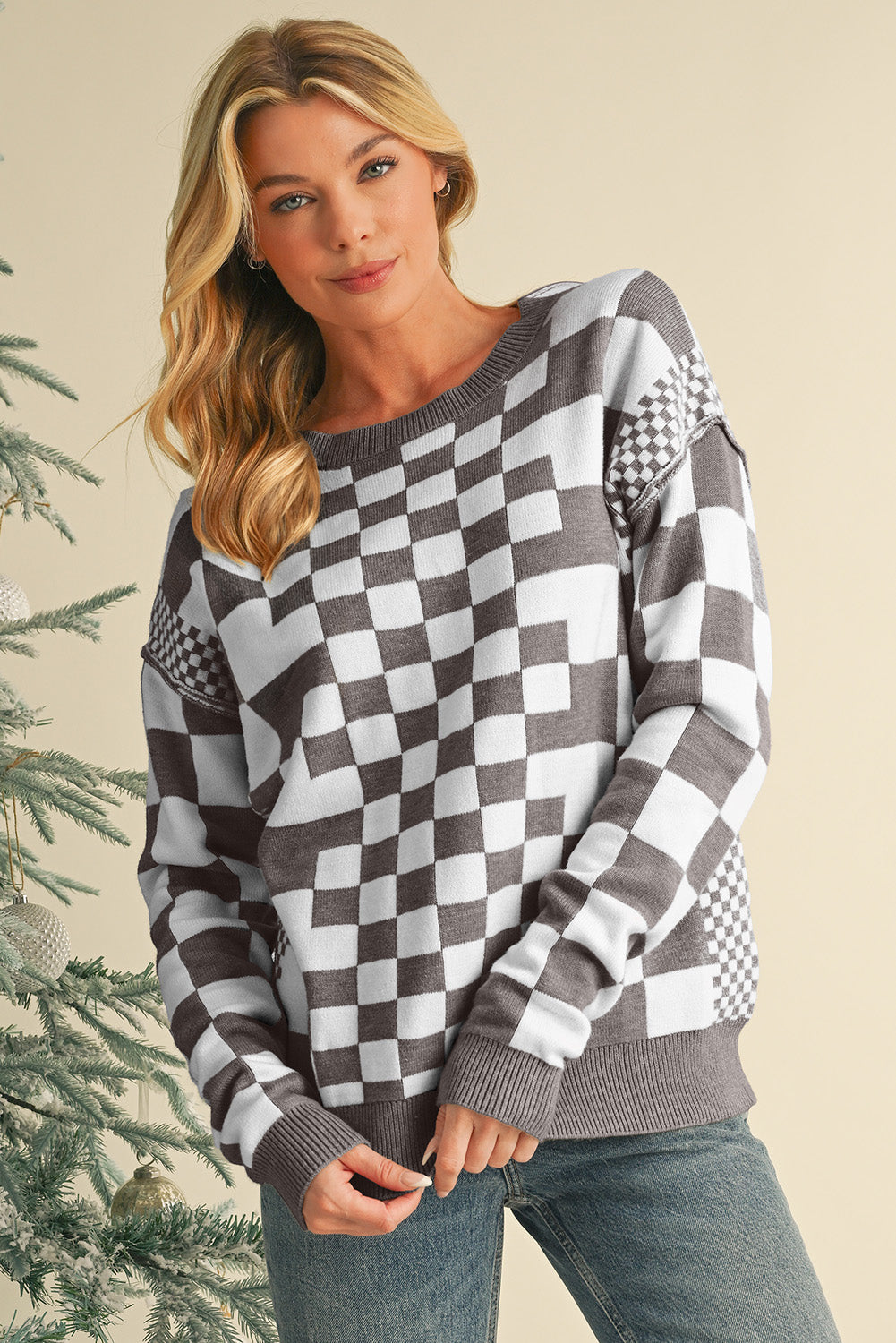 Gray Checkered Drop Shoulder Round Neck Sweater Sweaters dc2305a8a88cbc23