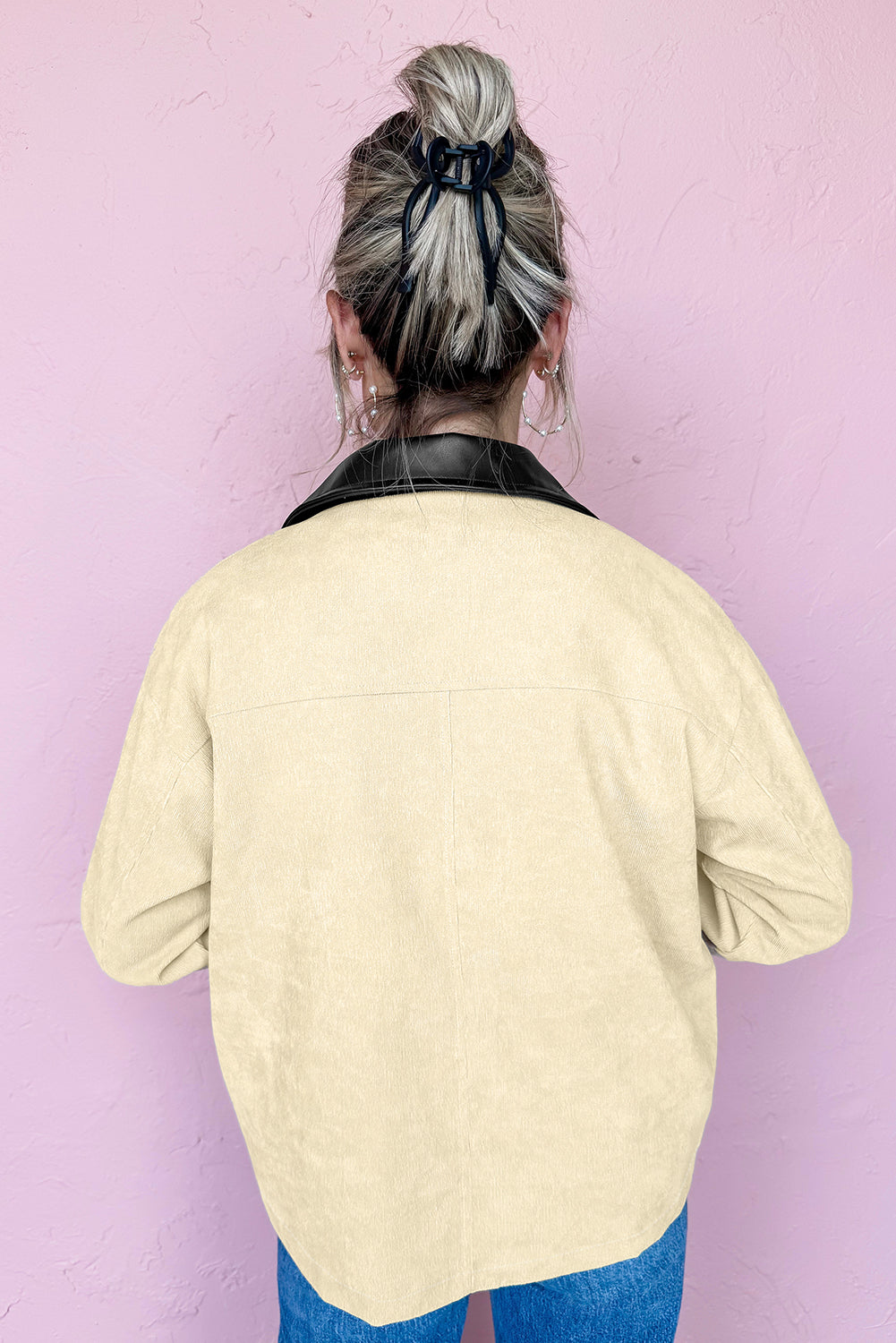 Parchment Contrast Leather Collar Textured Zip Up Jacket Jackets dc2903eb14895ade