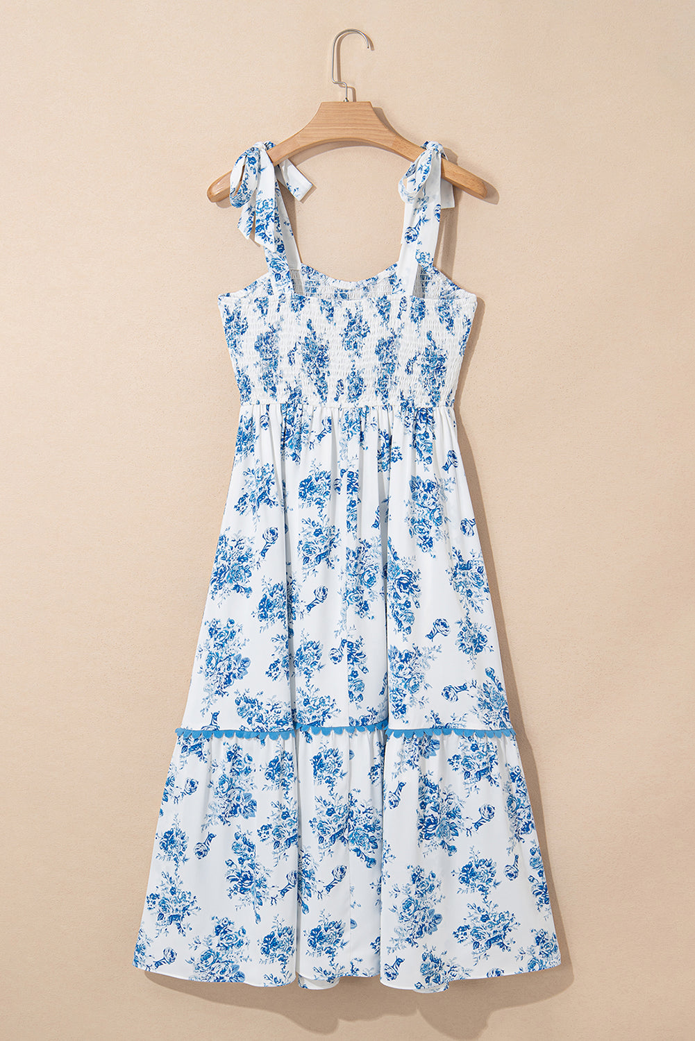 Sky Blue Floral Print Smocked Knot Shoulder Sleeveless Midi Dress Midi Dresses dc2ae37b8f7275a7