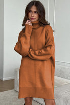 Gold Flame Solid Color Turtleneck Drop Shoulder Loose Sweater Dress Sweater Dresses dc446d3ed939999c