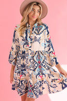 White Ethnic Print Boho Button Tiered Mini Dress Short Dresses dc611adb88be1676