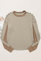 Khaki Stripe Patchwork Knit Drop Shoulder Top Long Sleeve Tops dc6768e92aa89994