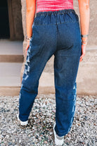 Sail Blue Checkered Side Panel Patchwork Drawstring Loose Denim Pants Jeans dc8cea45dba0fbeb