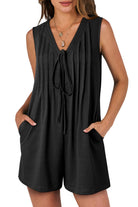 Black Tie V Neck Pleated Sleeveless Loose Romper Rompers dca52f3b2520d0dd