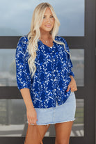 Blue Botanical Print Bracelet Sleeve Notched Neck Blouse Blouses dcd6c6ec462f8e19