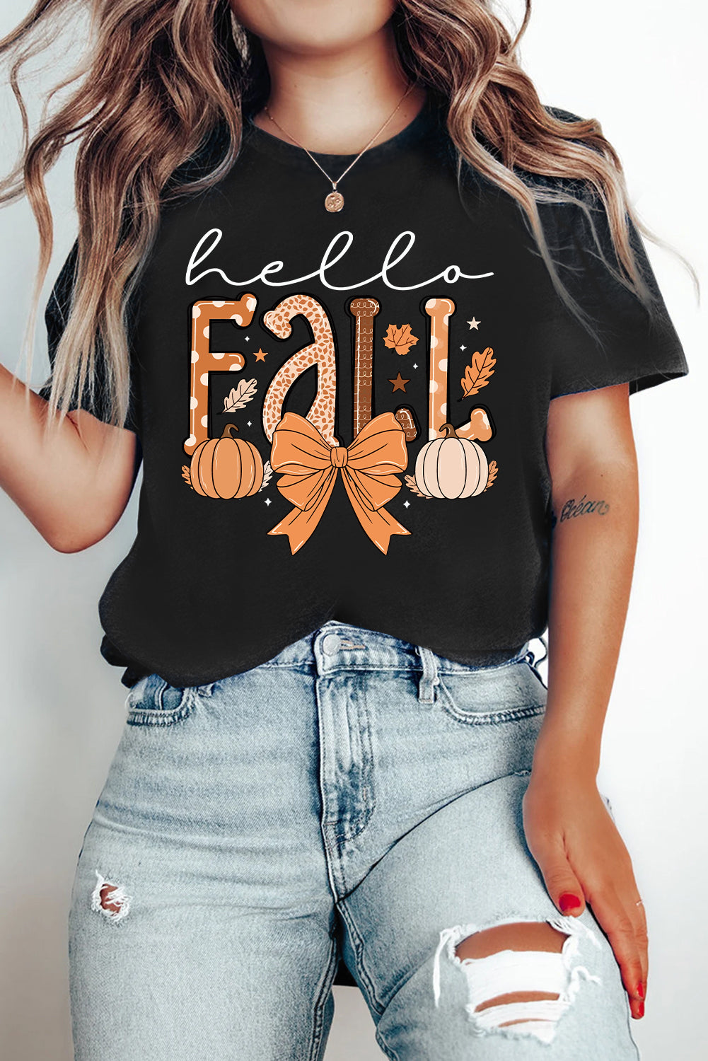 Black Hello Fall Thanksgiving Bow Pumpkin Heat Transfer Printing Graphic Tee Graphic Tees dce4f36ff1628349