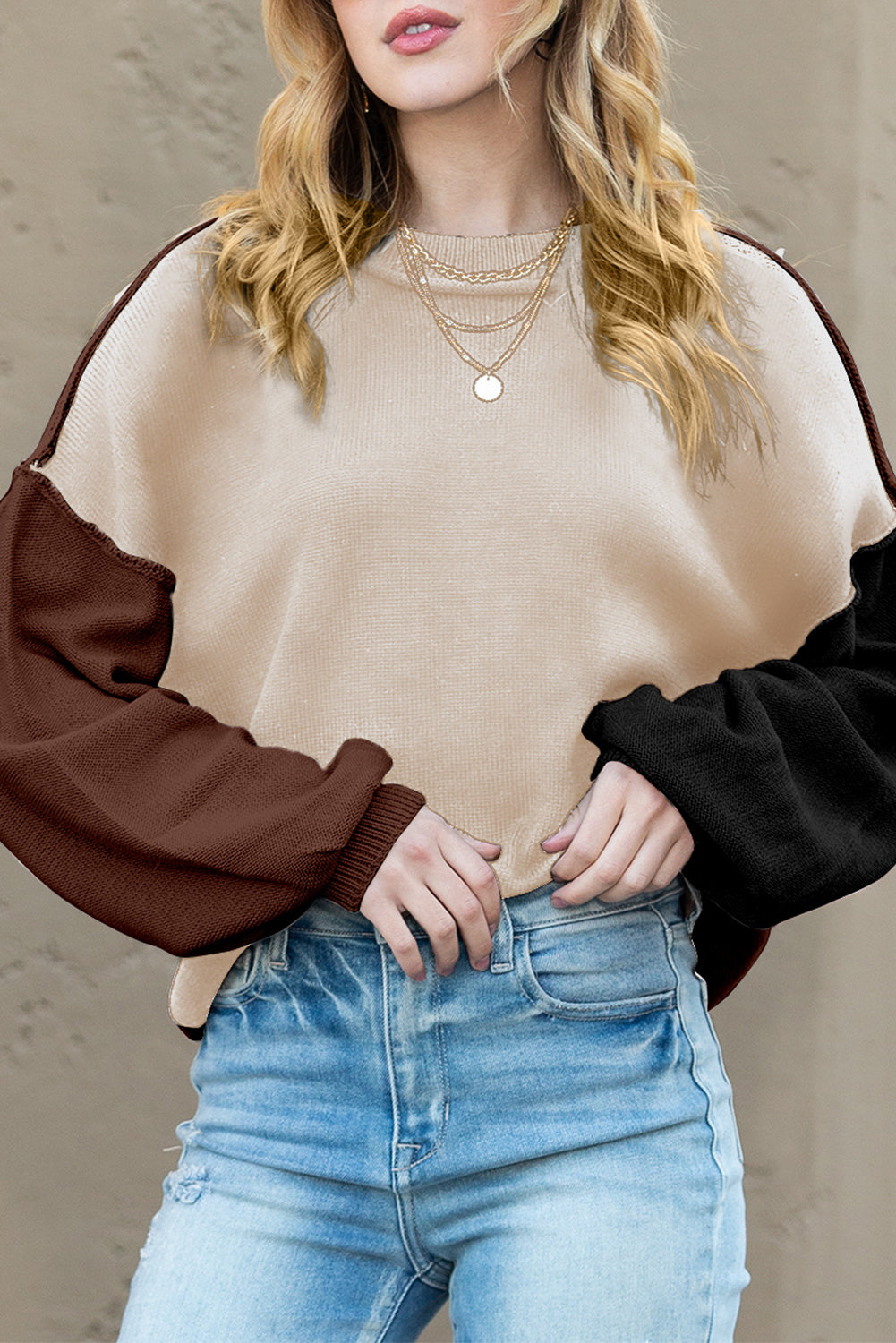 Brown Colorblock Bishop Sleeve Exposed Seam Ribbed Trim Sweater Sweaters dce984b9ecc7e184