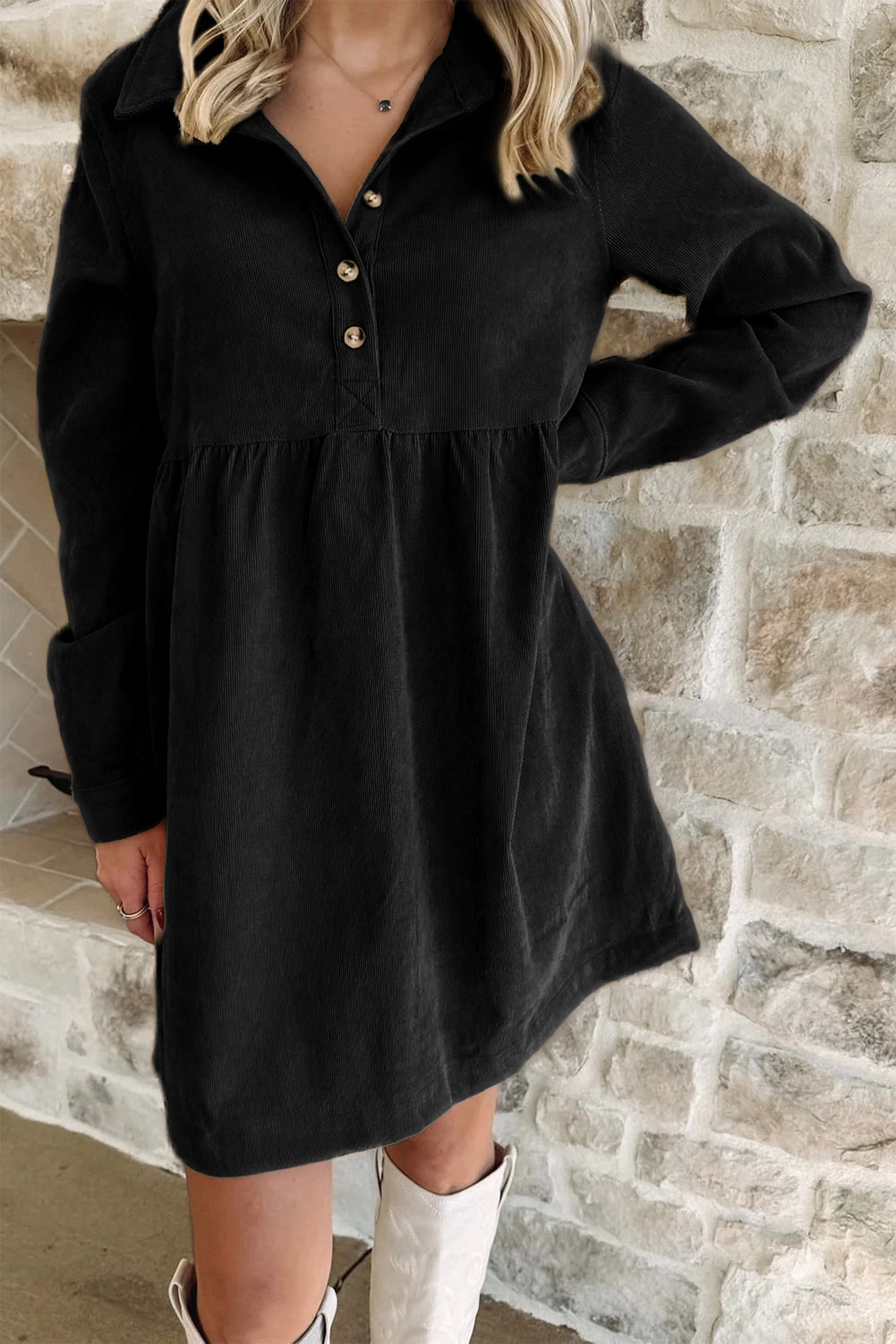 Black Corduroy Half Button Collared Long Sleeve Mini Dress Short Dresses dd1bc2826d88cf55