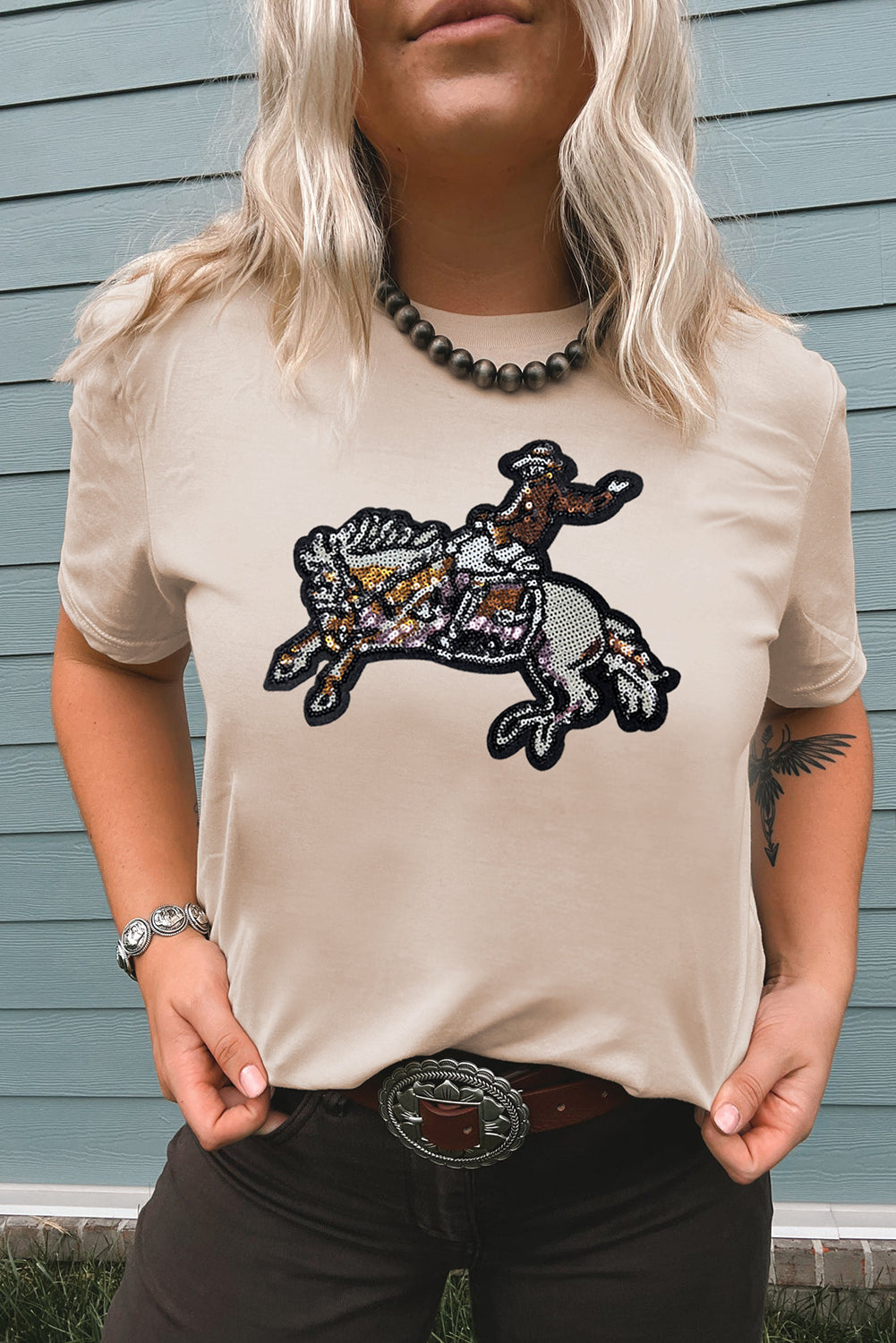 Khaki Rodeo Sequins Patch Graphic Crewneck Tee Graphic Tees dd4c83c9964623e2