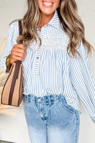 Sky Blue Striped Smocked Long Sleeve Quarter Button Shirt Blouses dd7d77d56b48cced