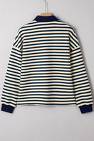 Navy Blue Pop of Color Zipper V Neck Striped Long Sleeve Top Long Sleeve Tops dd80ff24fb3b99af