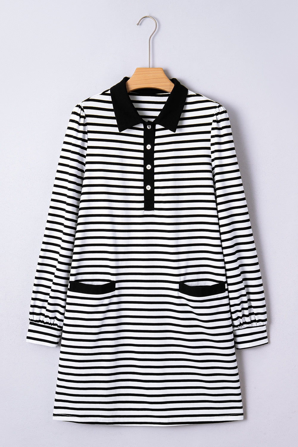 White Stripe Buttoned Front Collared Long Sleeve T Shirt Dress with Pockets Mini Dresses dd94421194bf482c