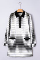 White Stripe Buttoned Front Collared Long Sleeve T Shirt Dress with Pockets Mini Dresses dd94421194bf482c