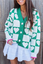 Sea Green Plaid Heart Knit V Neck Button Down Sweater Cardigan Cardigans ddbcece731efb45c