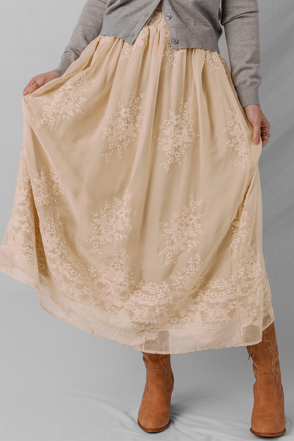 Oatmeal Embroidered Mesh Overlay Flowy Long Skirt Skirts dde45d56186d734c