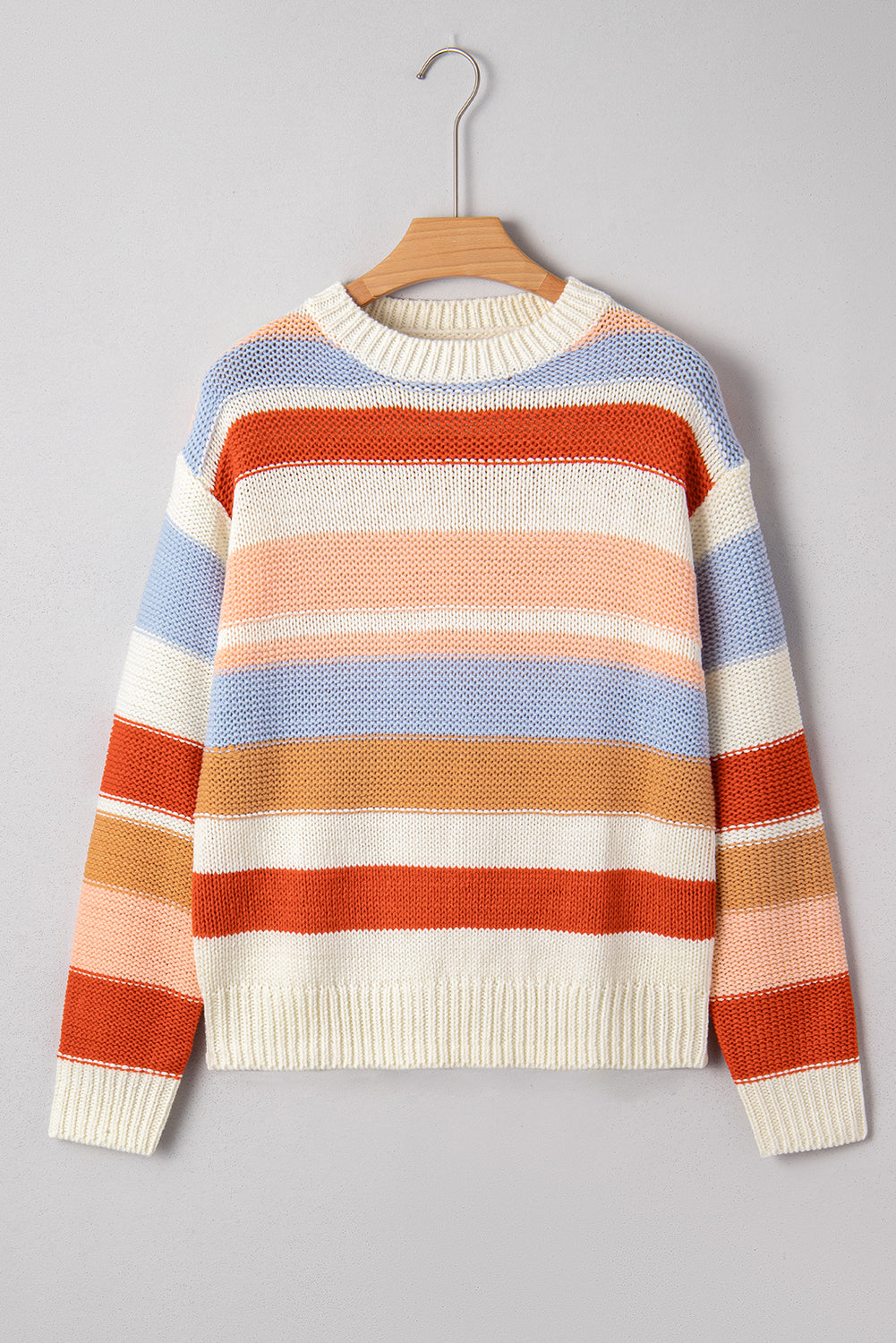 Pink Striped Colorblock Round Neck Drop Shoulder Sweater Sweaters dde5c7e5da7f6ab8