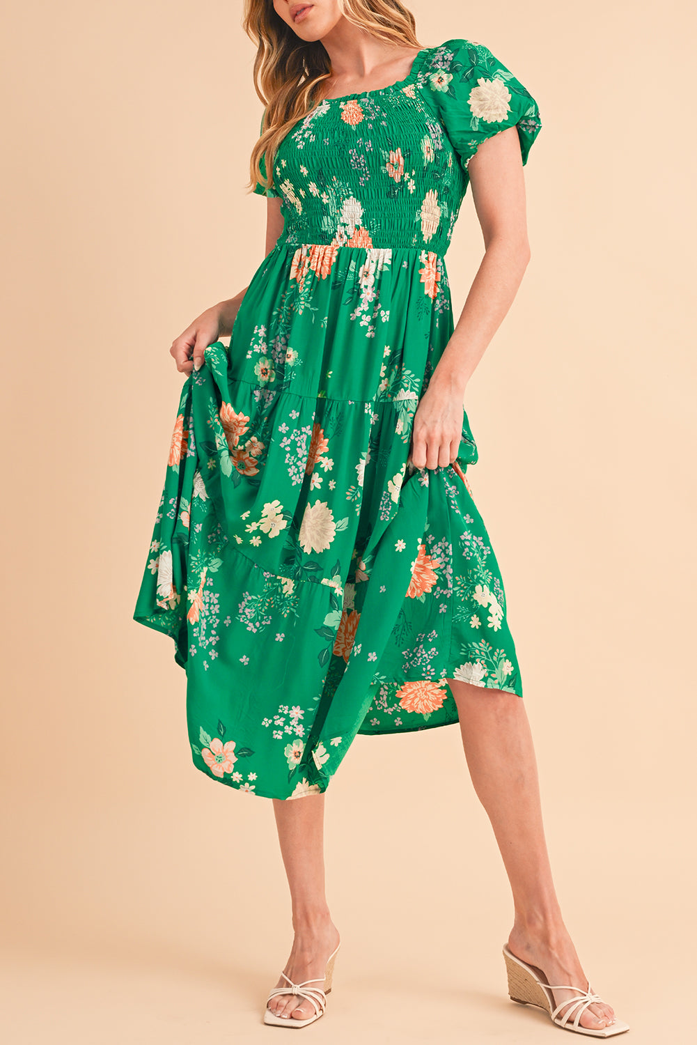 Green Floral Print Bubble Sleeve Smocked Tiered Midi Dress Midi Dresses dde94fb476365fc5