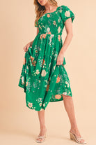 Green Floral Print Bubble Sleeve Smocked Tiered Midi Dress Midi Dresses dde94fb476365fc5