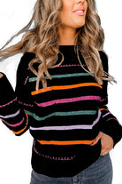 Black Colorful Striped Ribbed Trim Round Neck Sweater Sweaters dded239514b10972